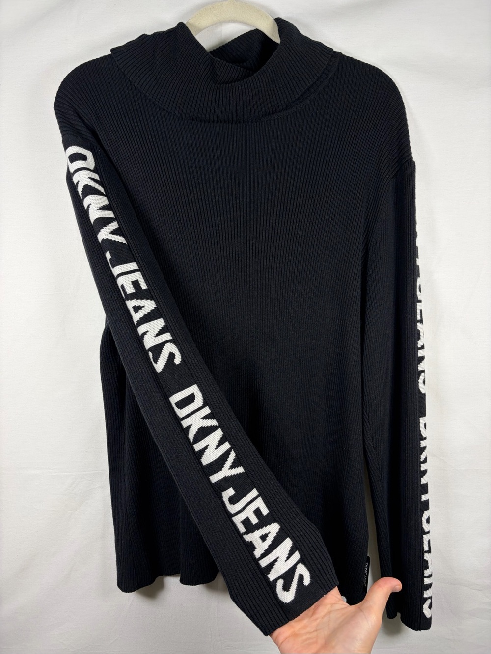 DKNY Jeans Black Ribbed Stretch Cowl Neck 2XL Sweater Large Casual Designer Logo